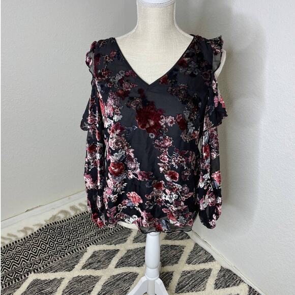 White House Black Market Floral Velvet Burnout Cold-Shoulder Blouse - Picture 3 of 7